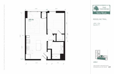 Floor plan for 1 bed, 1 bath, 629 sqft